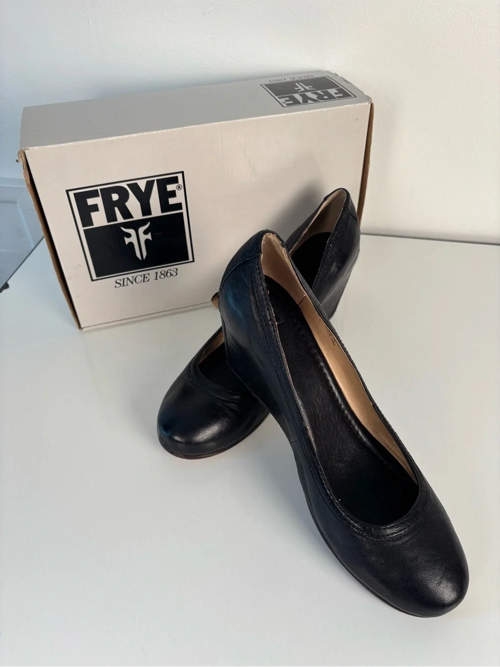 Frye Black Leather Wedge Pumps